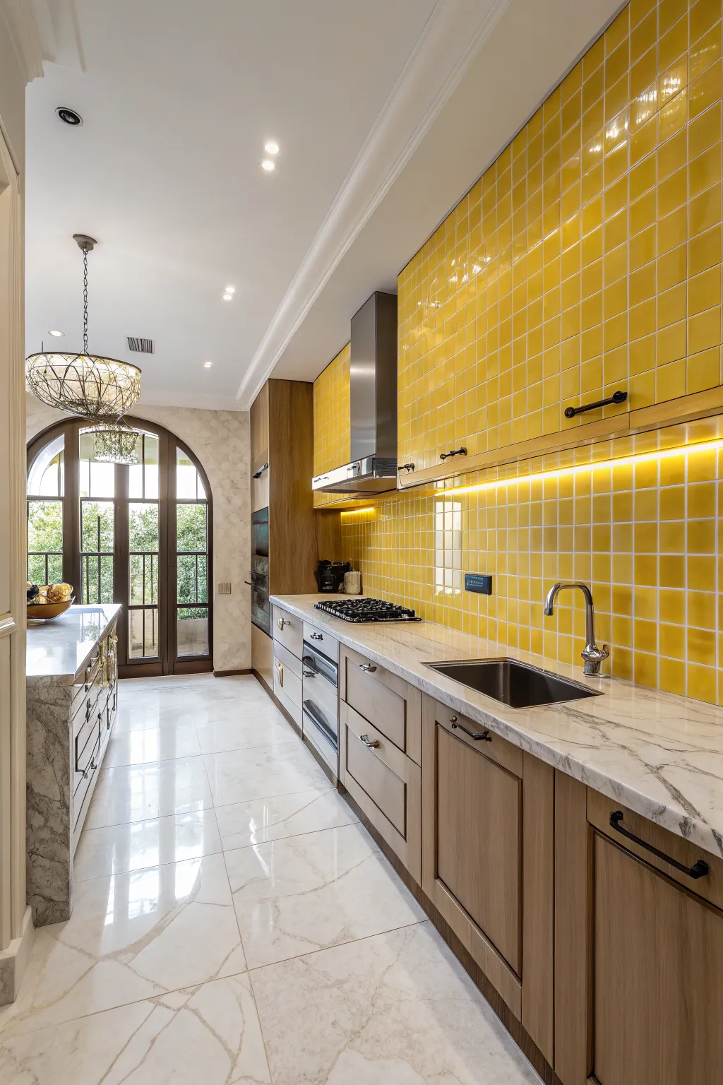 Yellow tiles and marble countertops create a luxurious kitchen setting.
