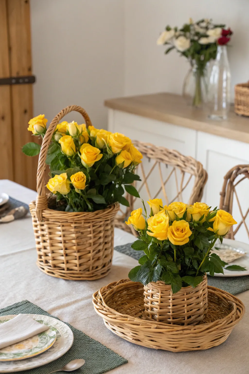 Cozy cottage with yellow roses in wicker baskets.