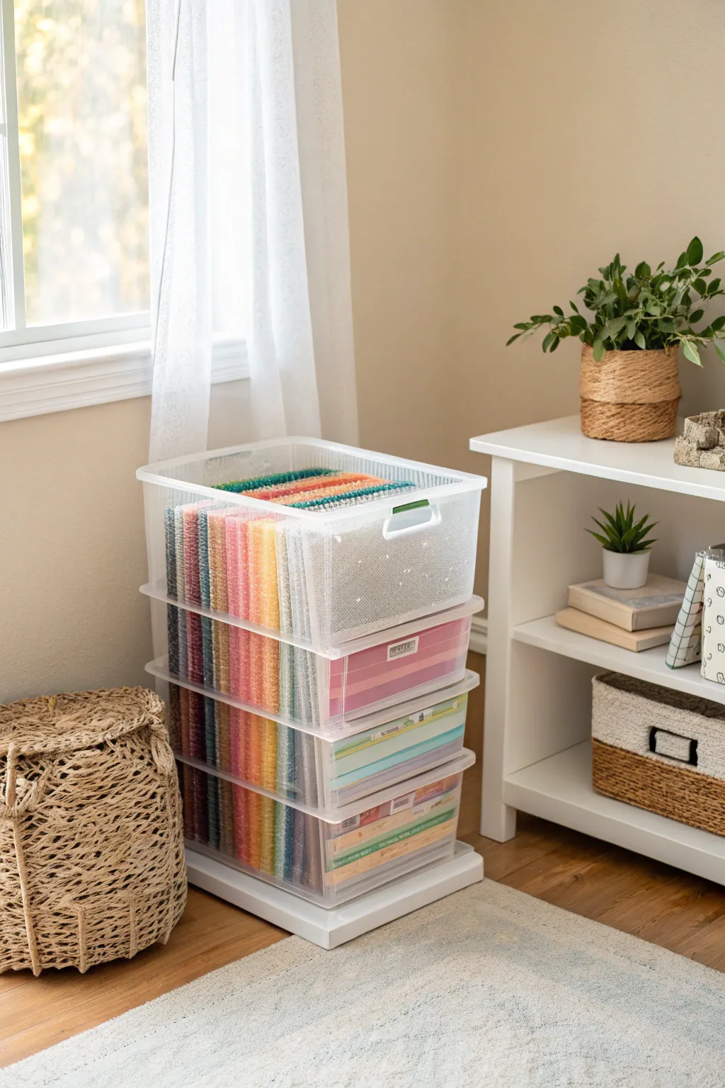 Effortless organization meets vibrant creativity in a minimalist space.