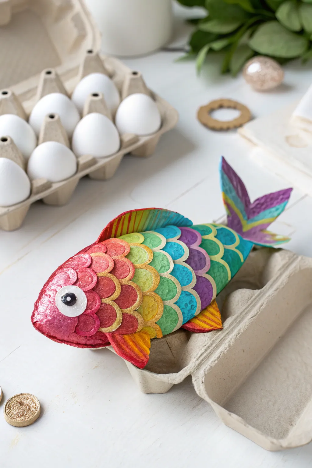 Transform simple egg cartons into a stunning rainbow fish masterpiece that brings a splash of color and joy to your space!