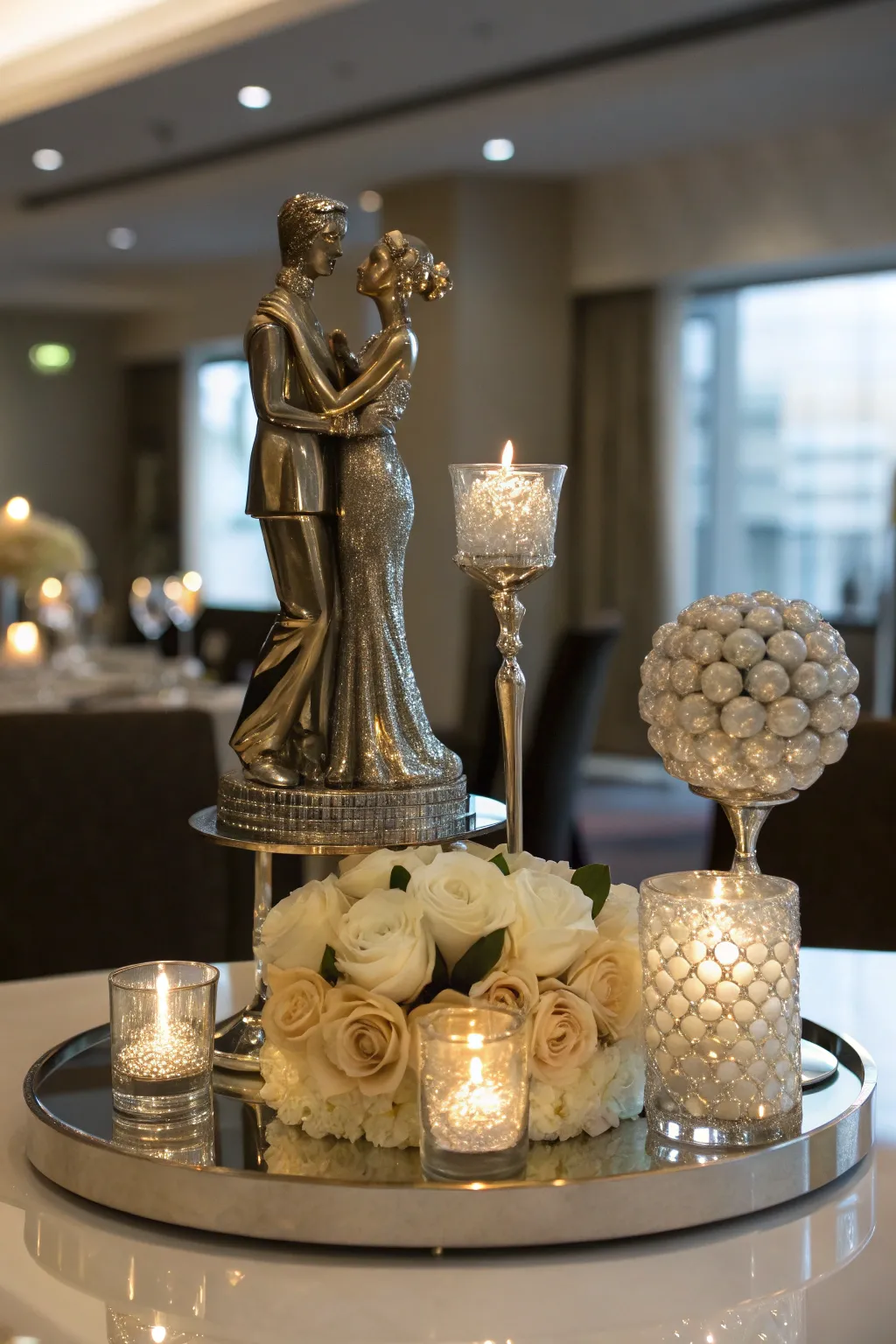 A metallic-accented centerpiece that adds a touch of luxury and sophistication.