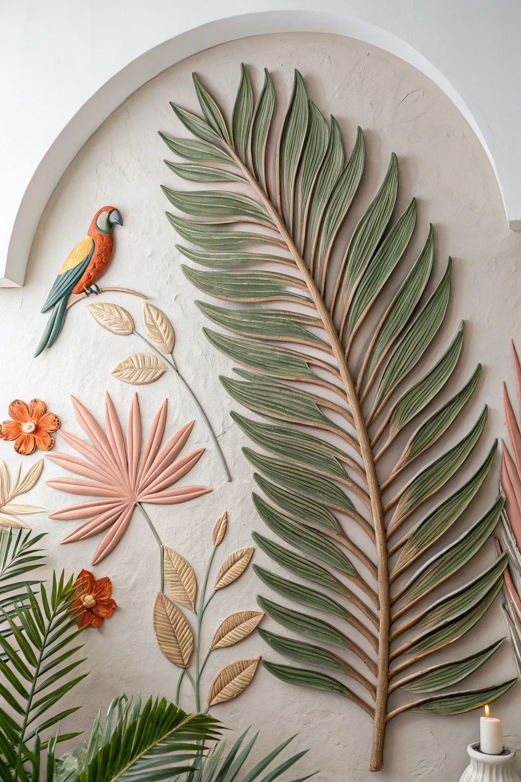 Escape to a tropical paradise with this stunning 3D clay mural - where simplicity meets the vibrant beauty of nature.