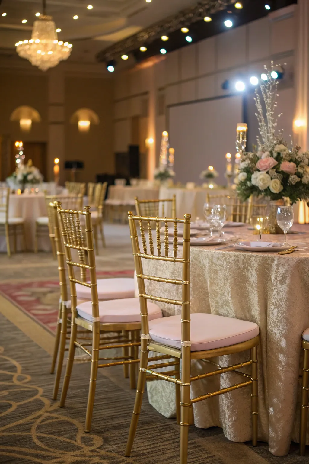 Sophisticated seating with gold-accented chairs encouraging cozy conversations.