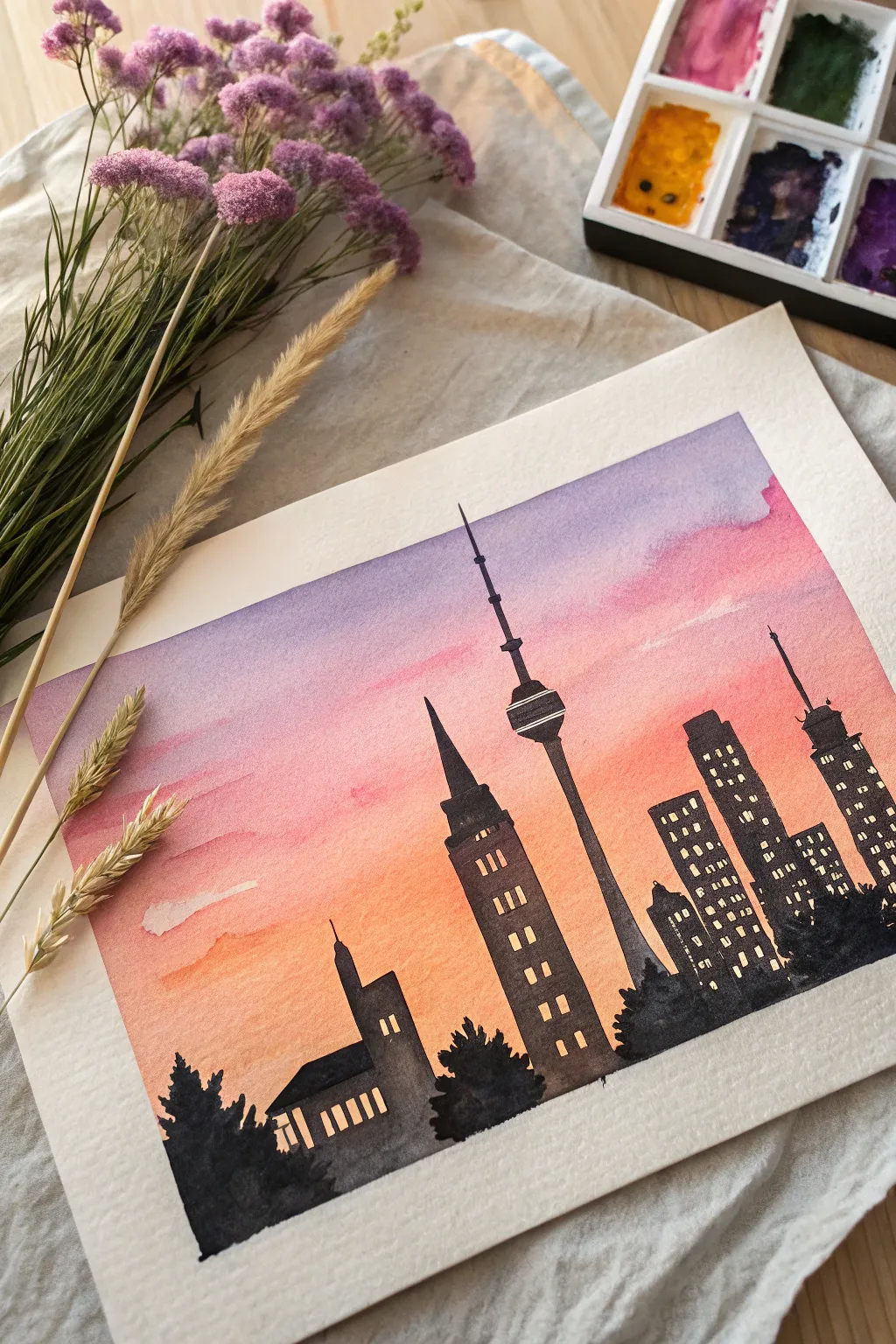 Capture the beauty of cityscapes with a serene watercolor sunset.