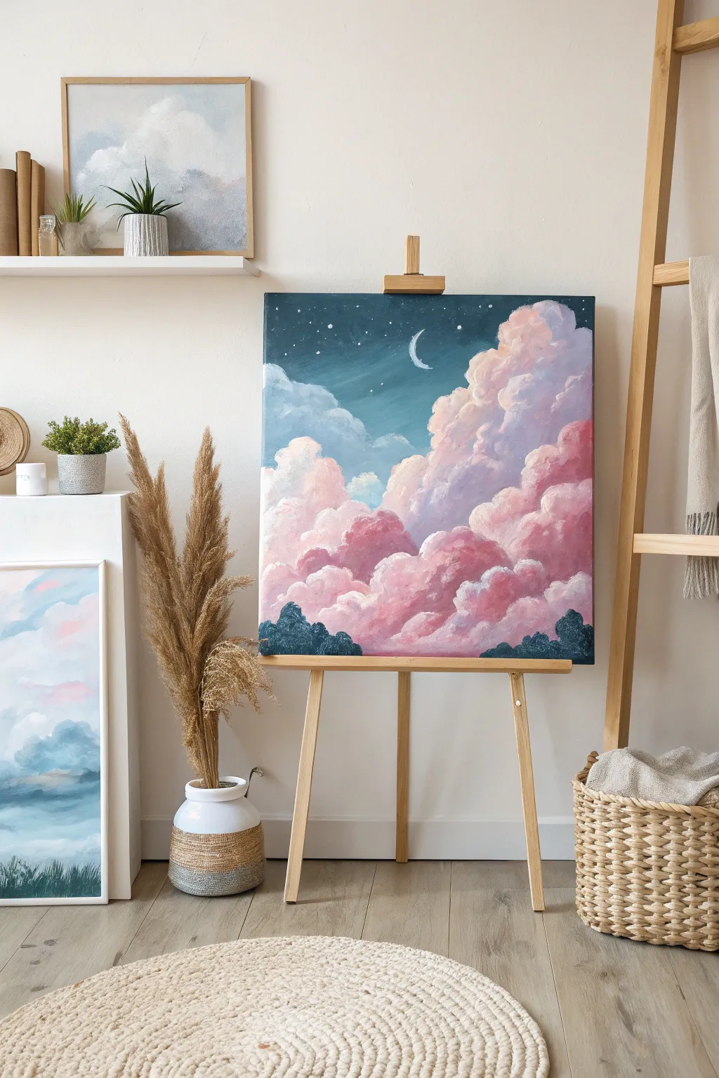 Let your imagination soar with whimsical clouds and a serene pastel sky.