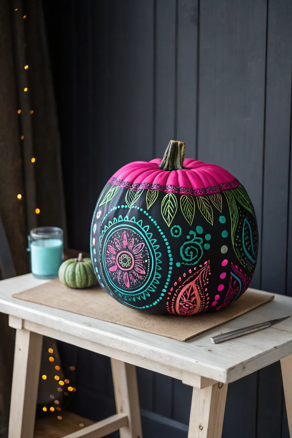 Illuminate the night with a neon masterpiece that redefines pumpkin art.
