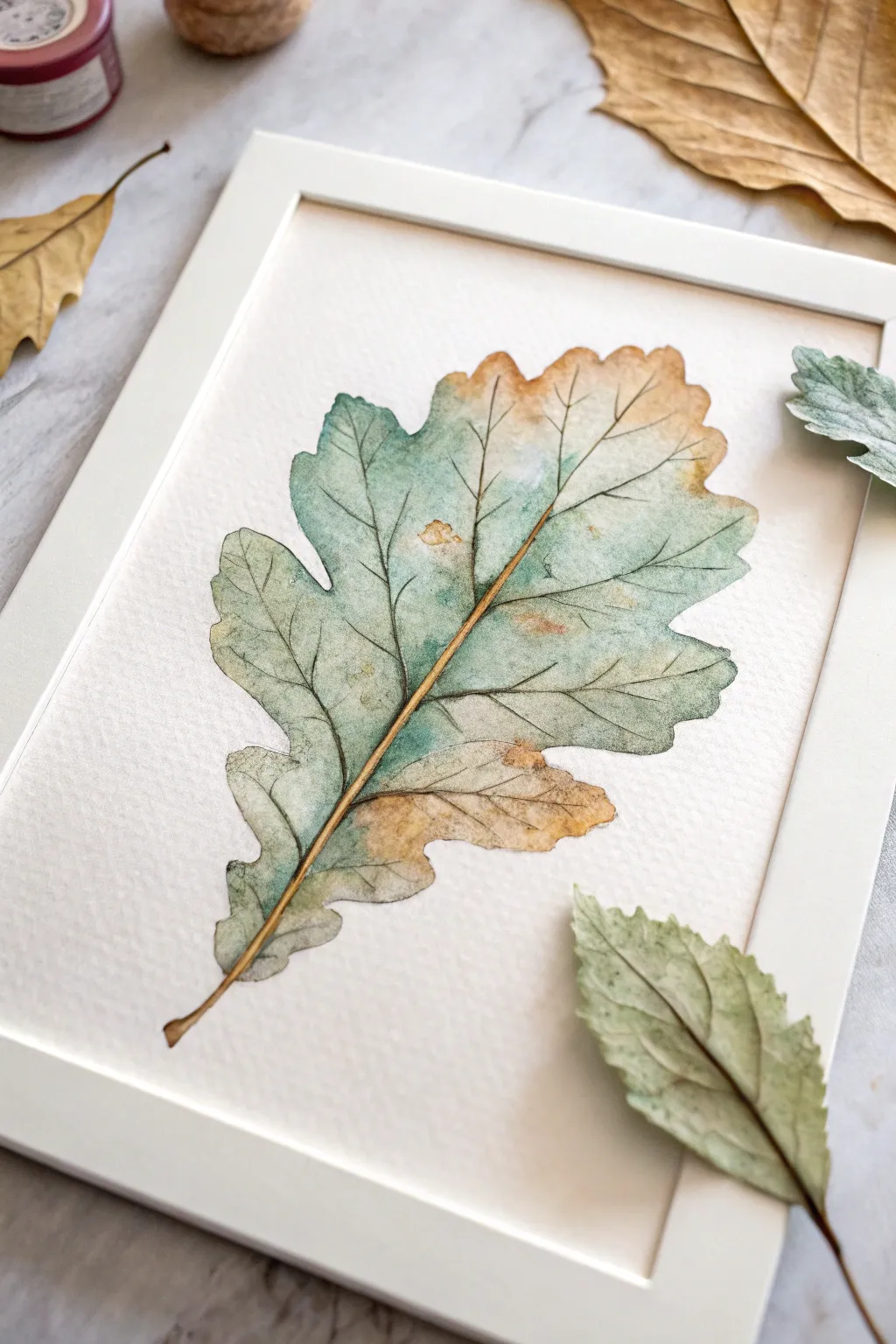 Discover the serene beauty of nature with this elegant watercolor leaf painting, perfect for adding a sophisticated touch to any space.
