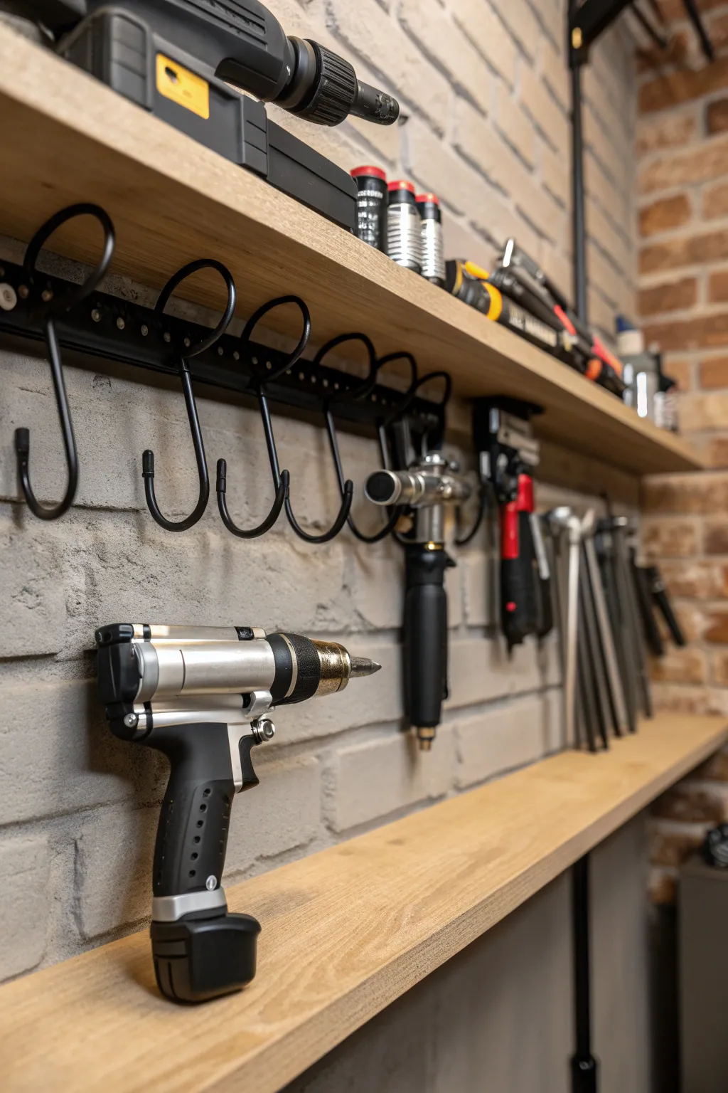Elevate your workshop game with sleek under-shelf hooks for easy and stylish air tool storage.