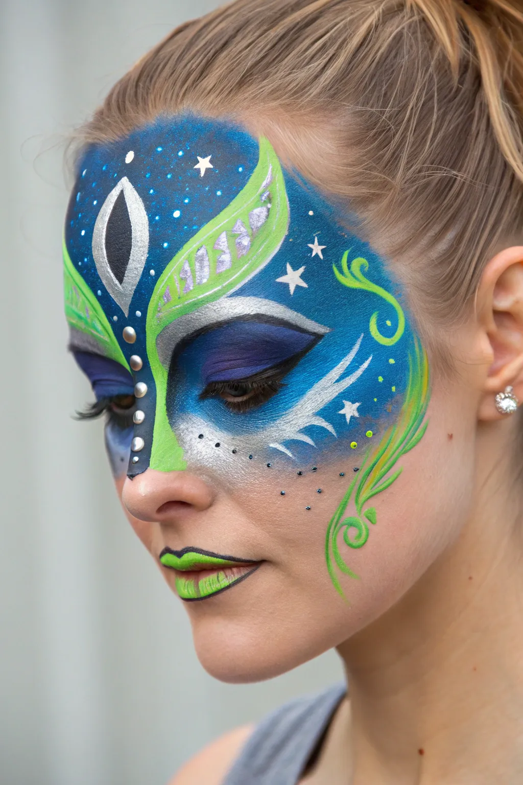 Transform your look with vibrant alien-inspired face painting that blends cosmic creativity with minimalist elegance.