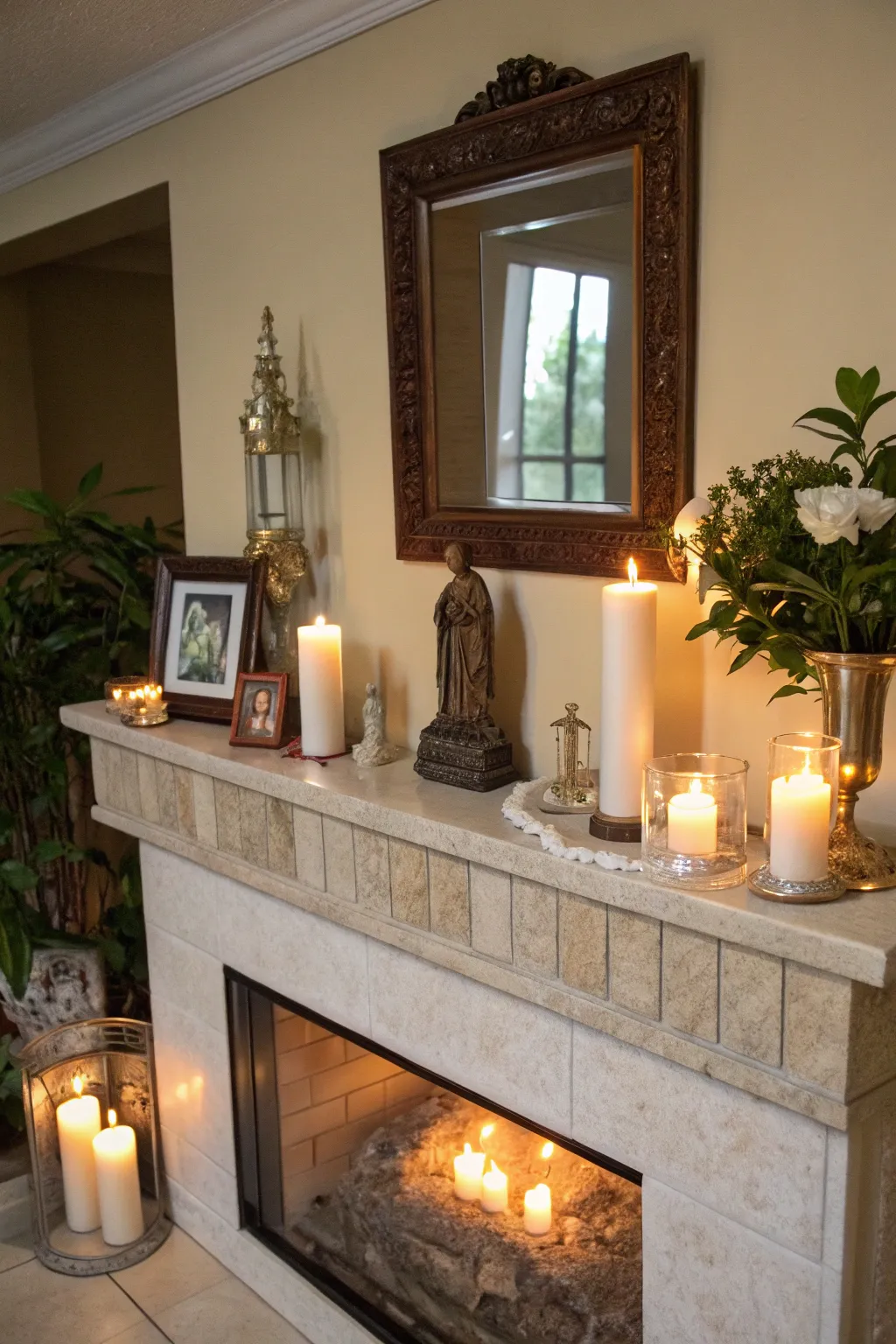 A fireplace mantel altar creates an inviting and sacred focal point.