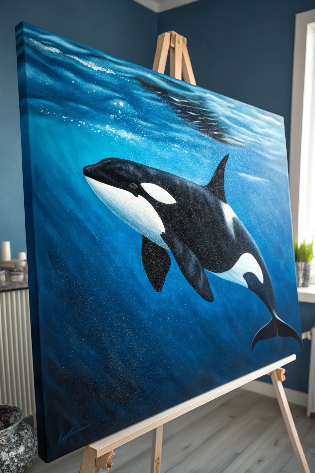 Dive into the elegance of the deep blue with this stunning orca artwork. Embrace the beauty of simplicity and nature.