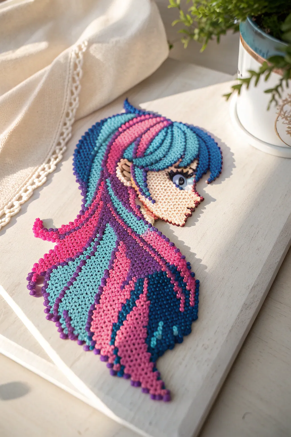Bring anime flair to life with this exquisite perler bead hairstyle, where craftsmanship meets vibrant imagination.