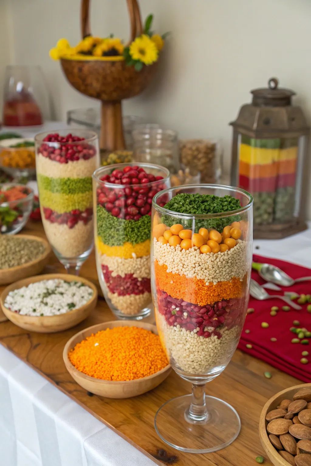 Innovative use of glassware adding color to Annakut.