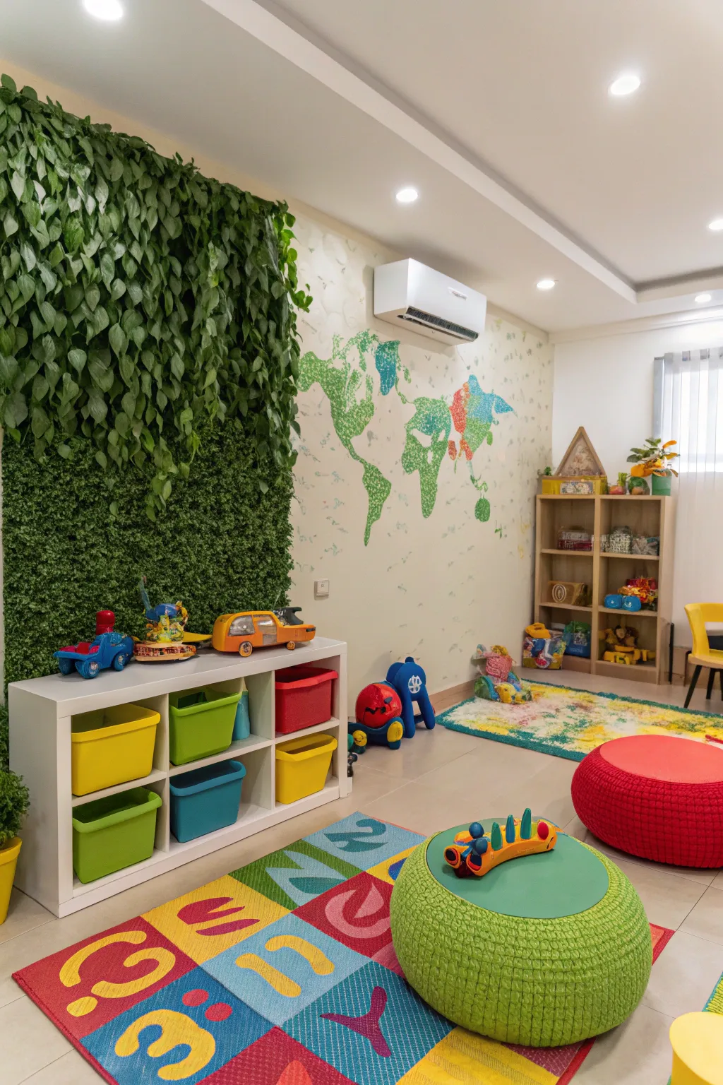 A plant wall adds adventure to a playroom.