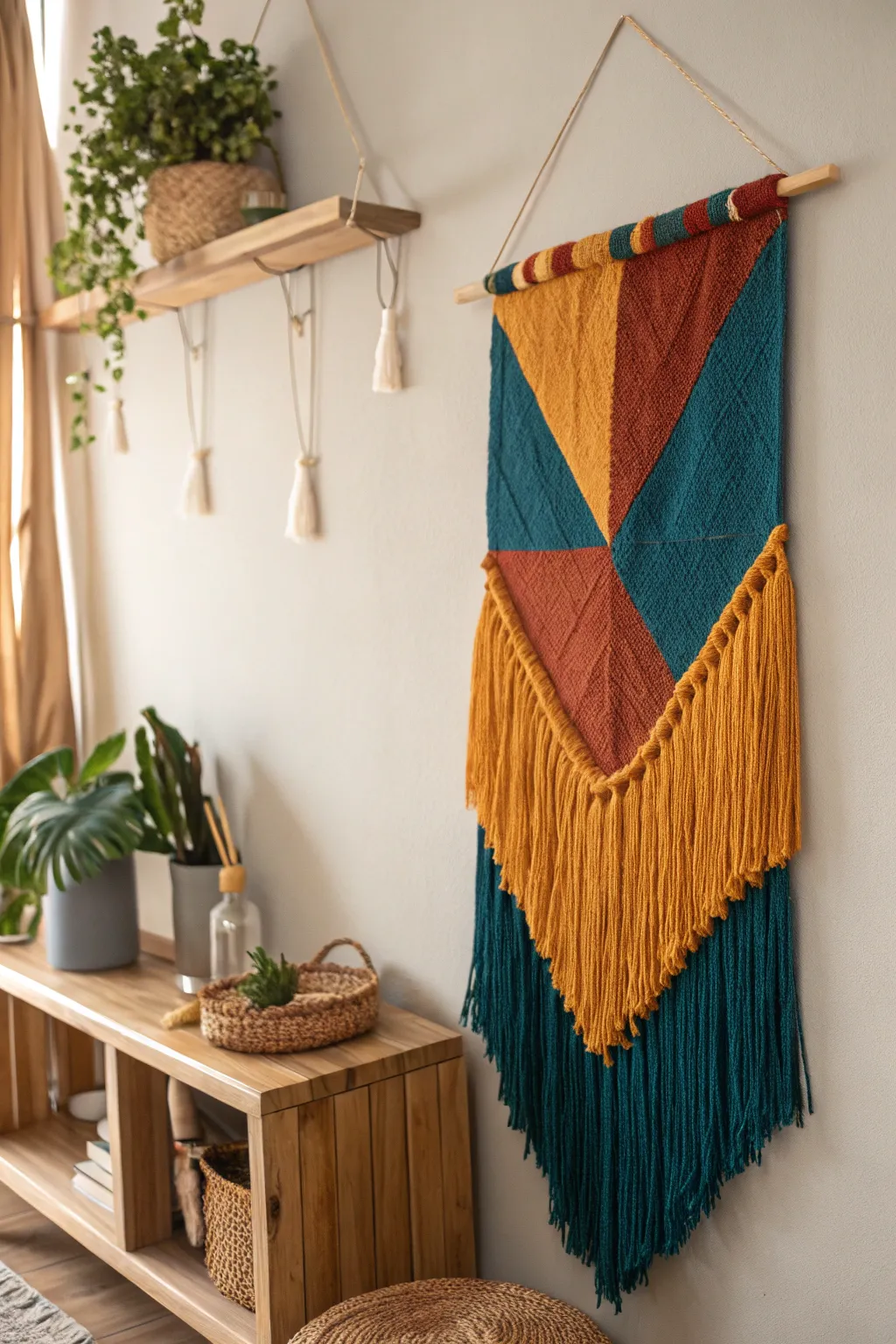 Add a splash of color and warmth to your space with this stunning fabric wall hanging, perfect for a minimalist yet bold decor touch.