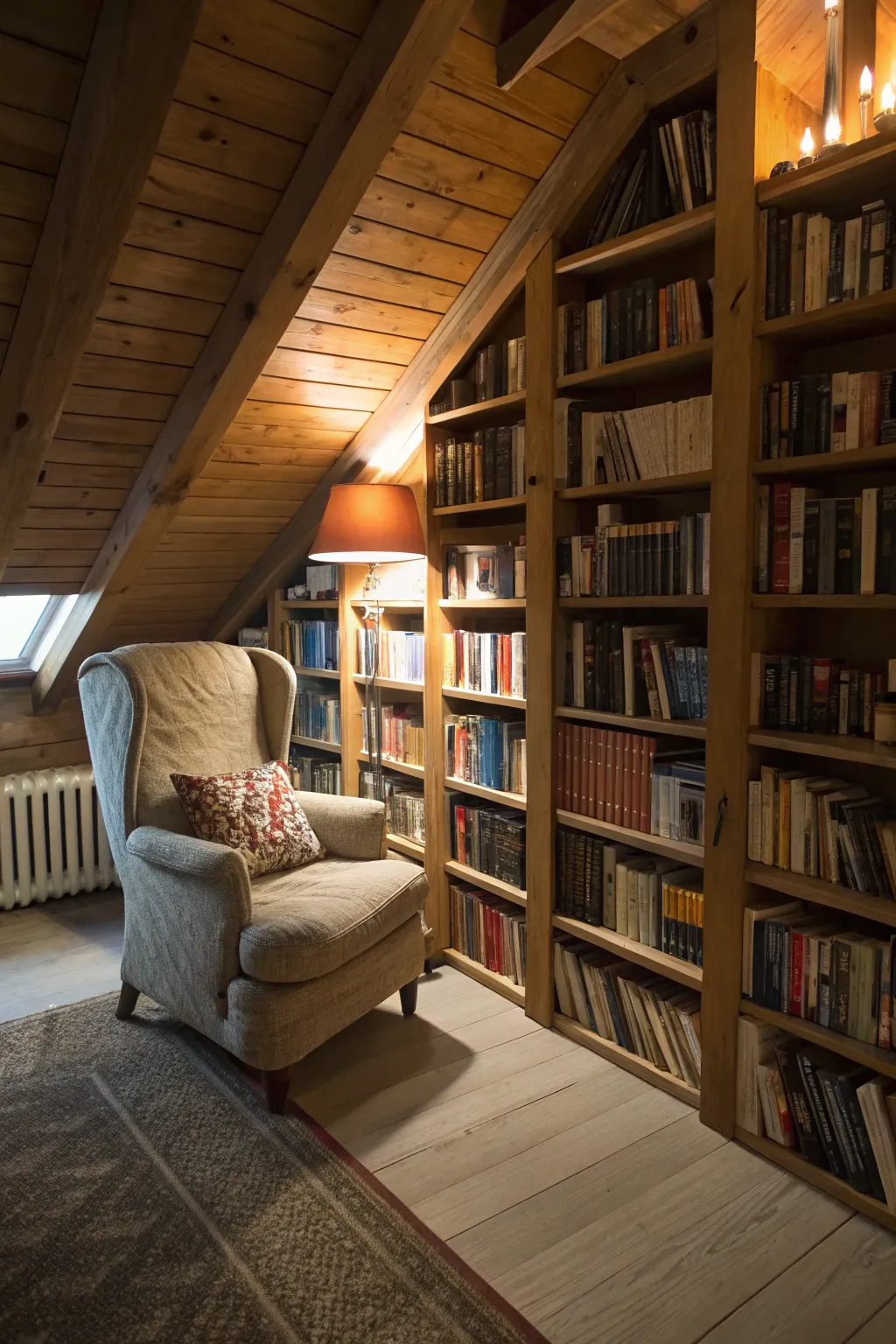 A book lover's personal library in the attic.
