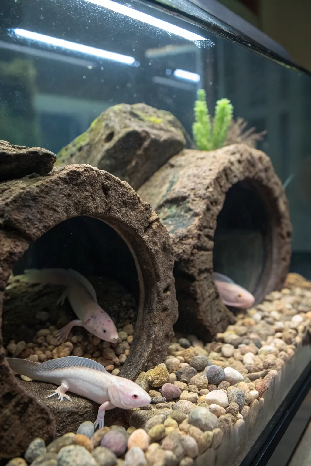 Interactive features provide entertainment and enrichment for axolotls.
