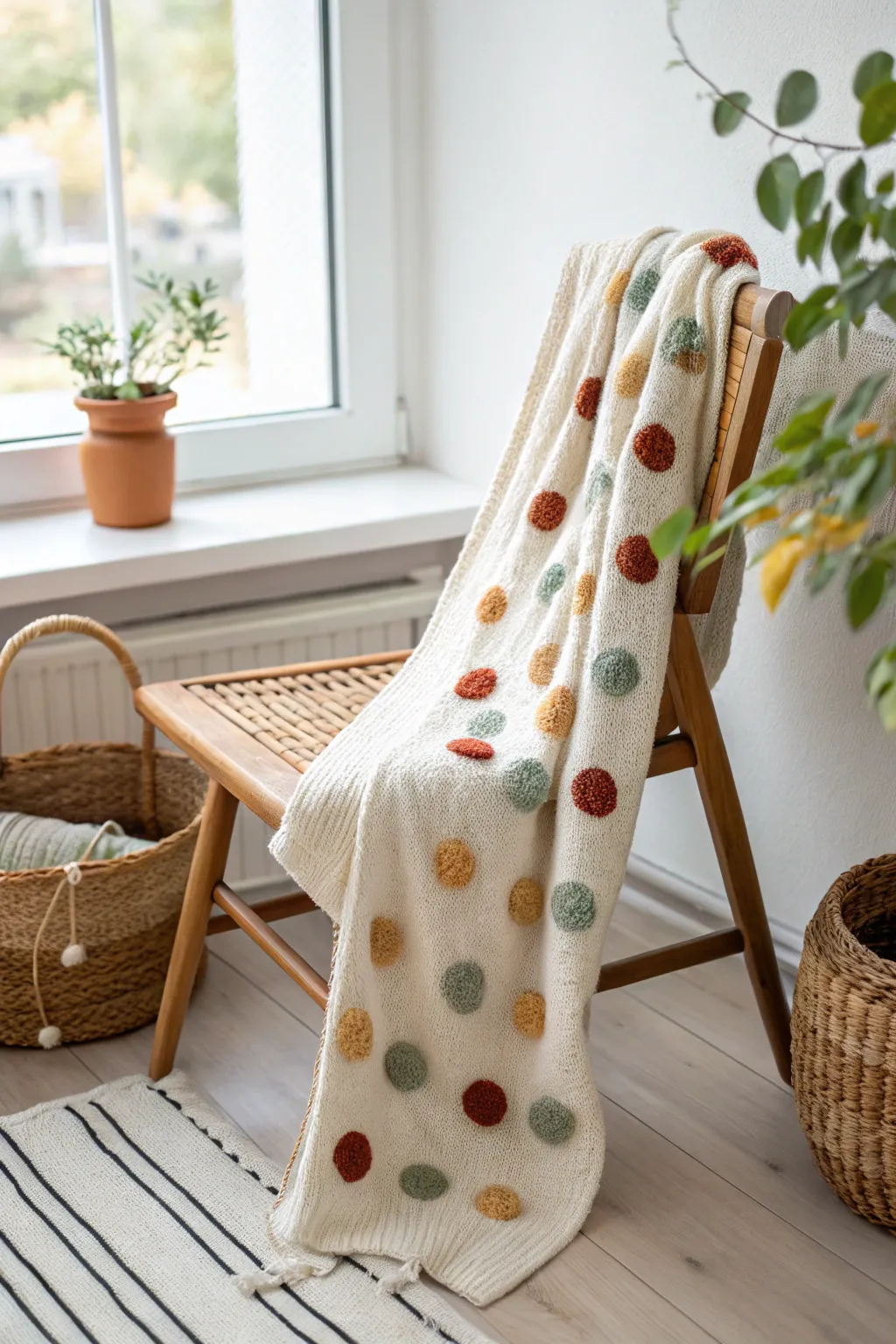 Embrace playful elegance with a handcrafted polka dot baby blanket in soothing earthy tones.
