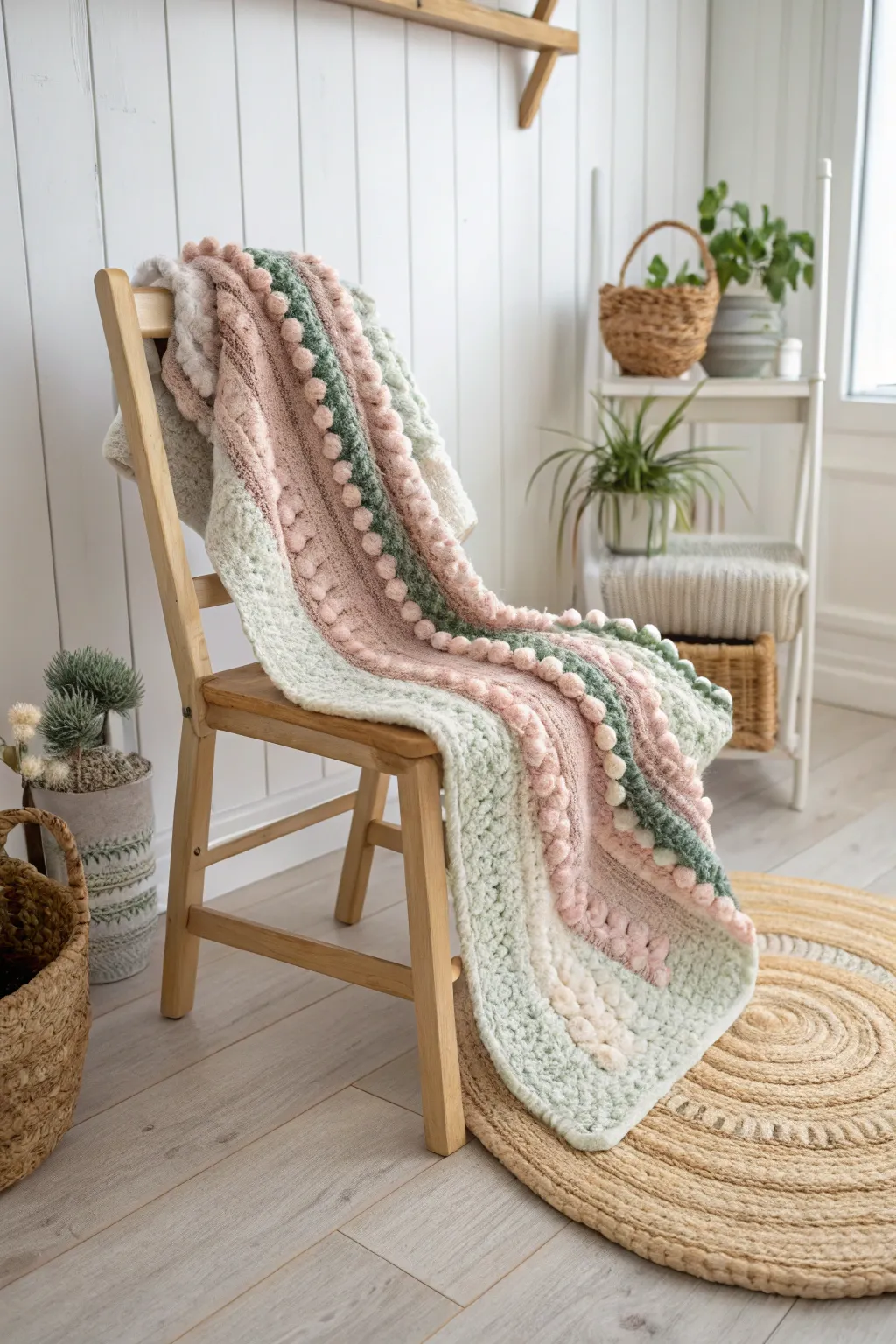 Discover the whimsical charm of popcorn stitch in this cozy baby blanket, a perfect blend of playfulness and minimalist elegance.