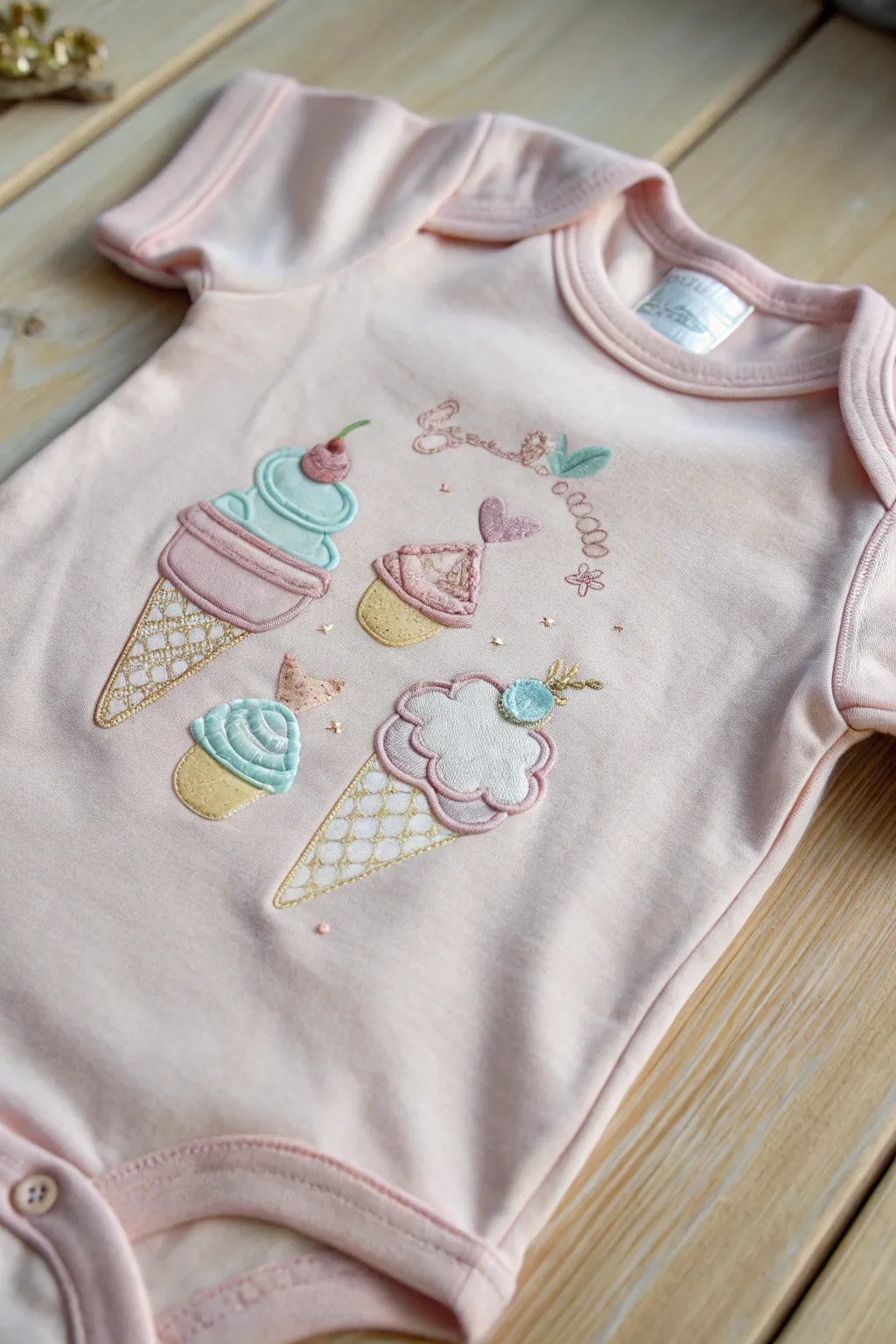 Sweet and simple: Adorable embroidered desserts add a touch of whimsy to baby essentials.