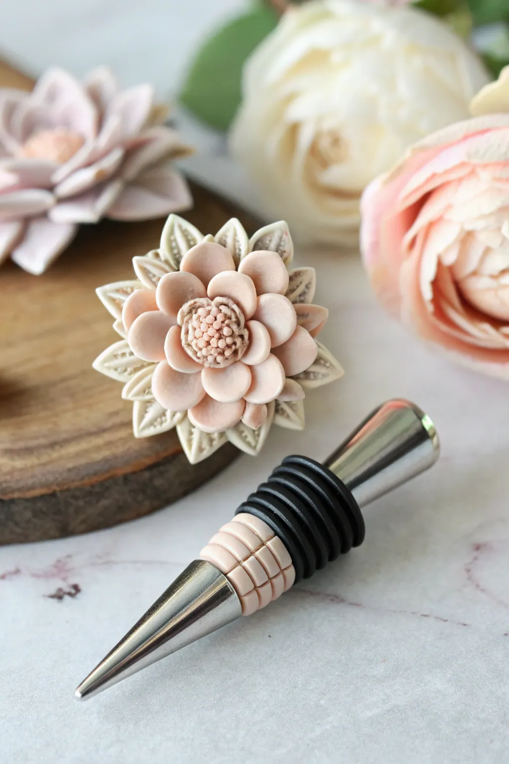 Add a touch of elegance to your baby shower with these handcrafted floral wine stoppers. Perfectly blending minimalist design with boho charm.