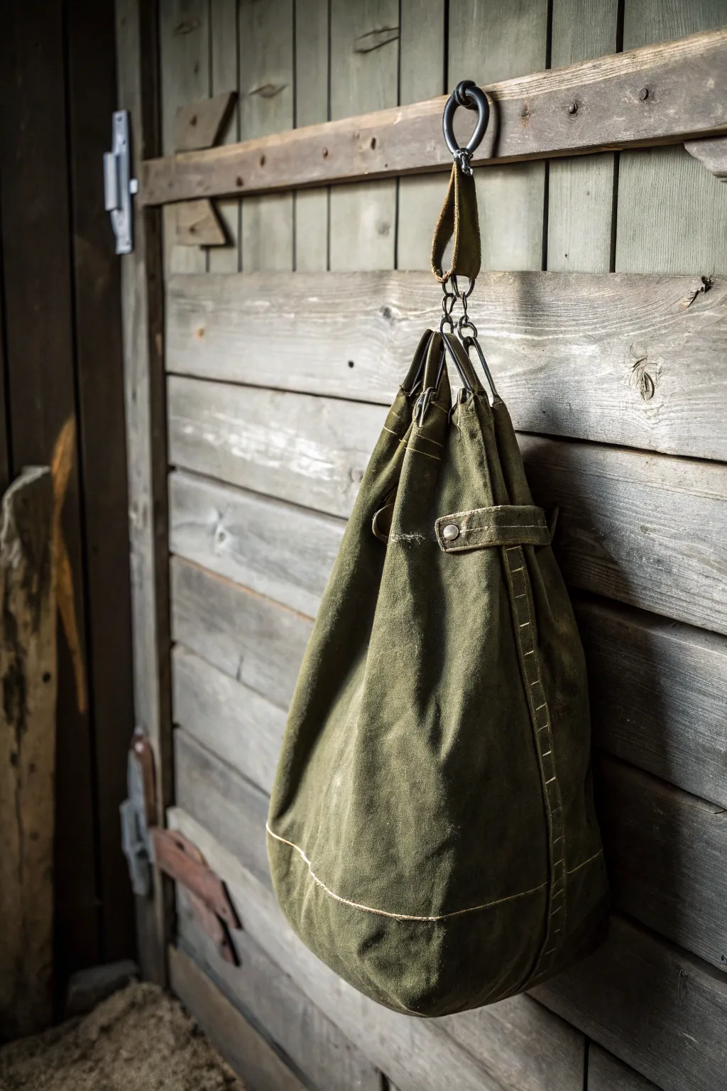 Elevate your garage with artisanal flair: a canvas sack storage solution that blends function with craftsmanship.