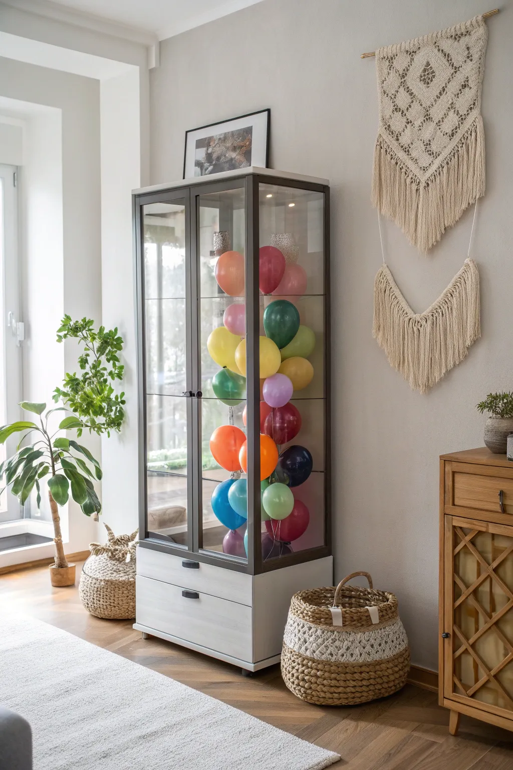 Elevate your space with a chic glass cabinet that turns ordinary balloons into extraordinary art. #ScandinavianElegance #BalloonArt