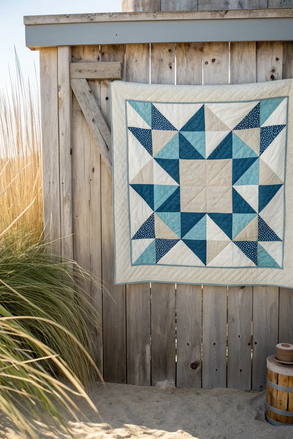 Embrace tranquility with coastal blues and sand tones on your barn quilt, a perfect blend of minimalist elegance and boho charm.