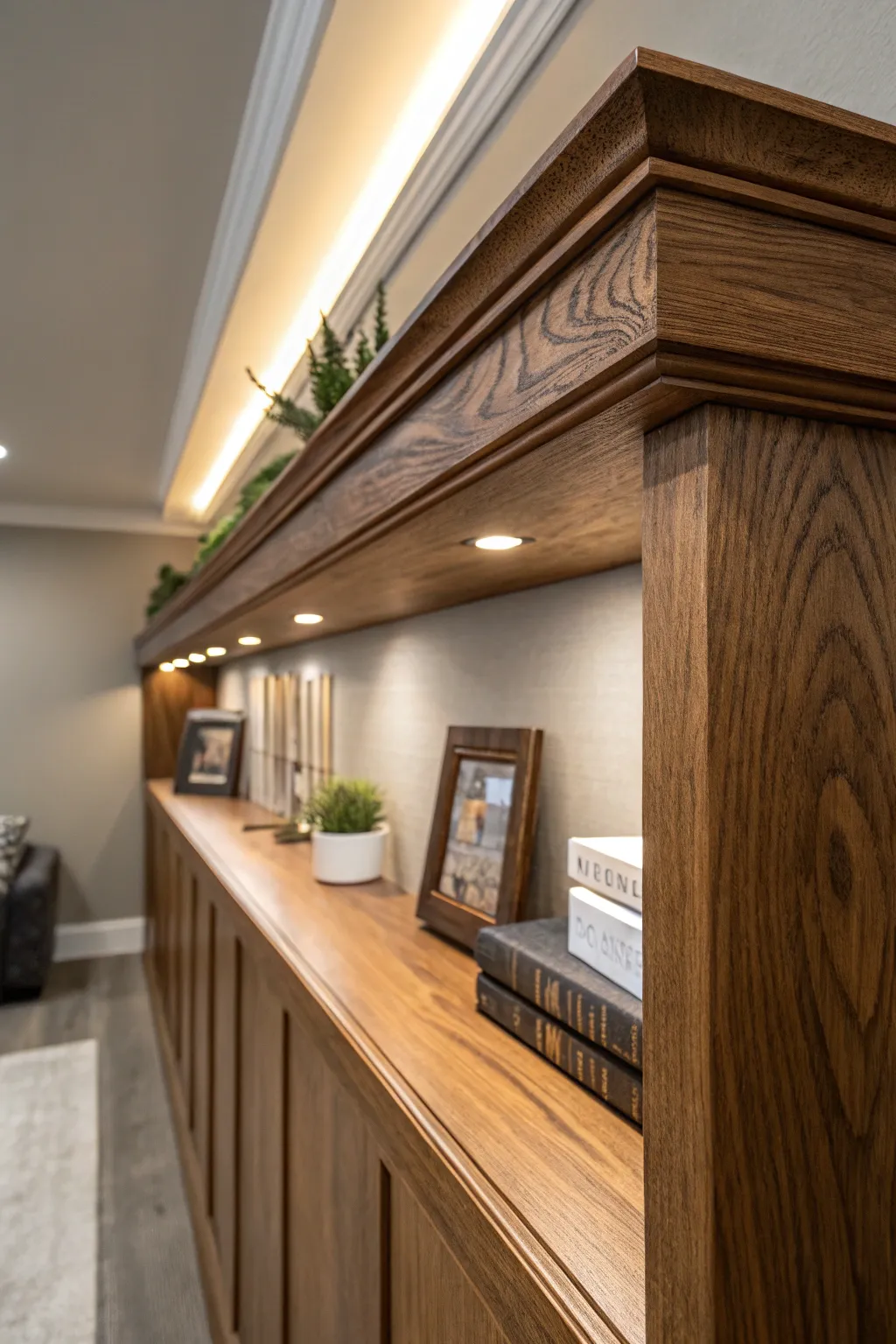 Elevate your basement's style with handcrafted soffit shelves for a blend of function and beauty.