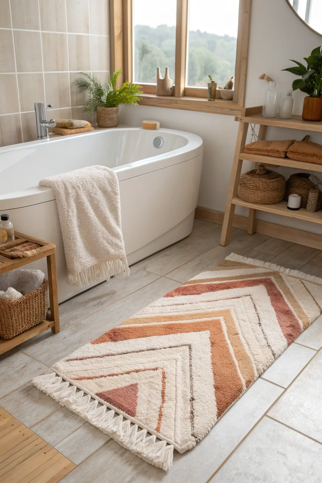 Warm up your bathroom with a cozy rug, perfect for chilly mornings.