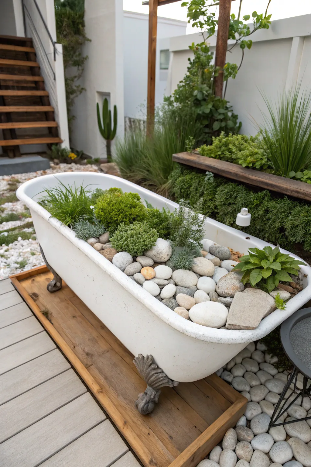 Transform your garden with a rustic rock garden charm using a vintage bathtub planter.