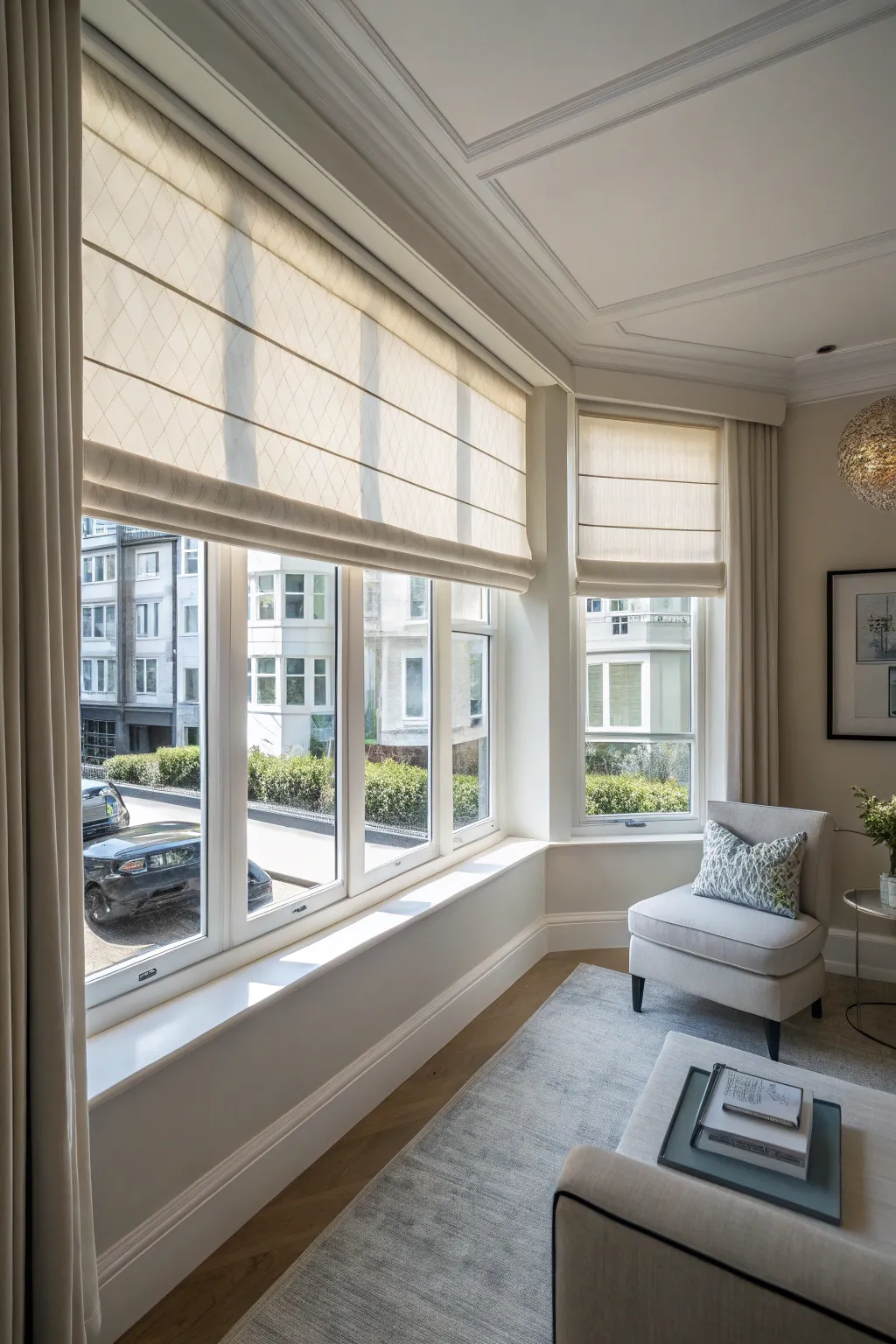 Minimalist flat valances in a sleek modern apartment.