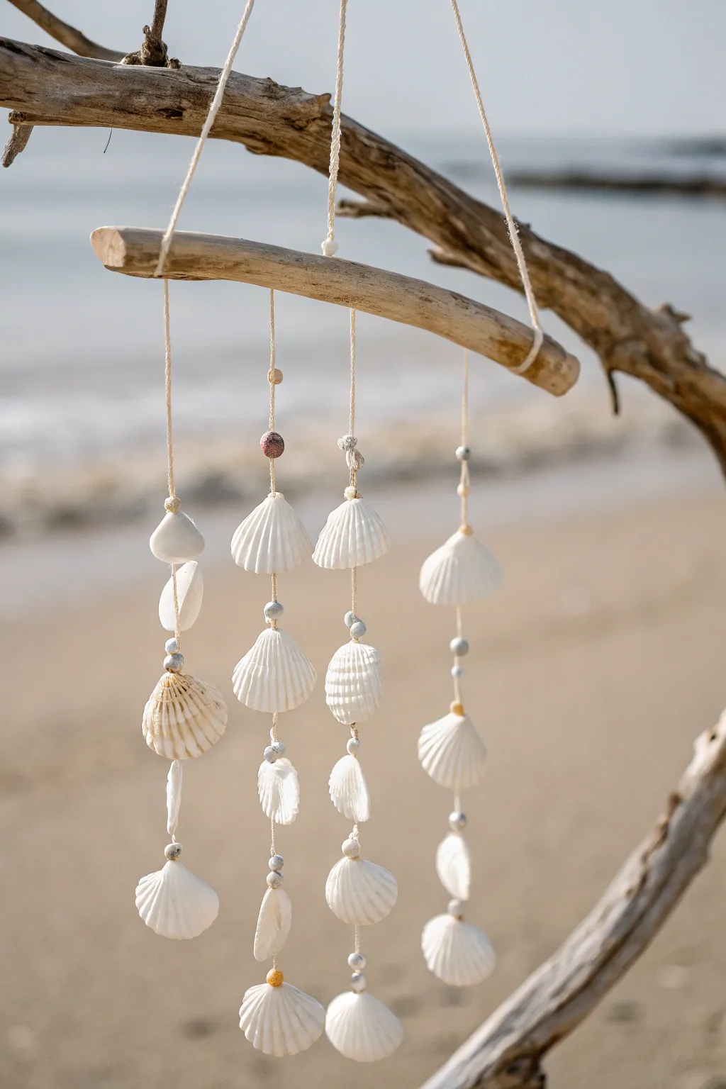 Bring a touch of the seaside indoors with this elegant shell and driftwood mobile, a perfect blend of simplicity and natural beauty.