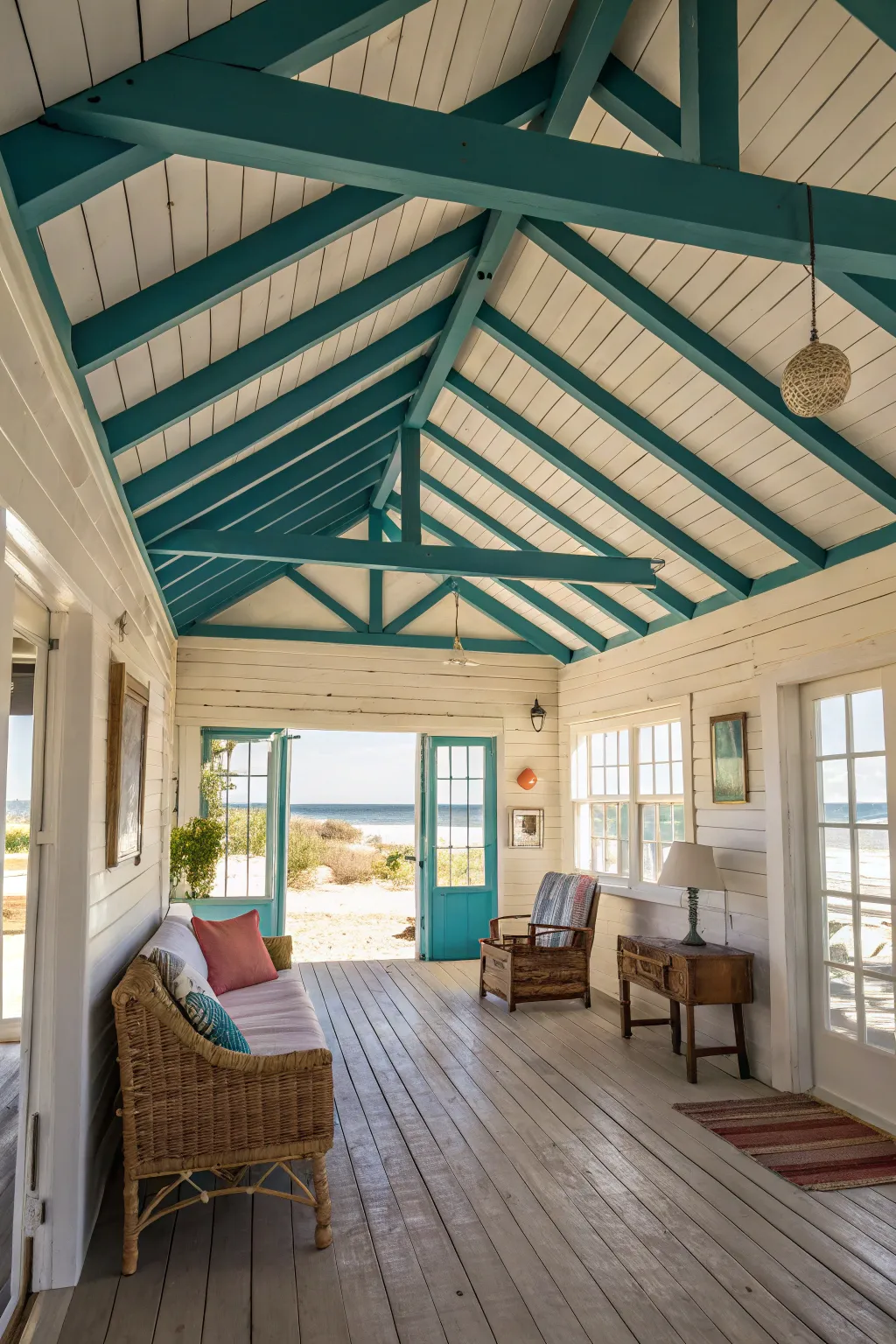 Painted rafters add a bold, dramatic touch.