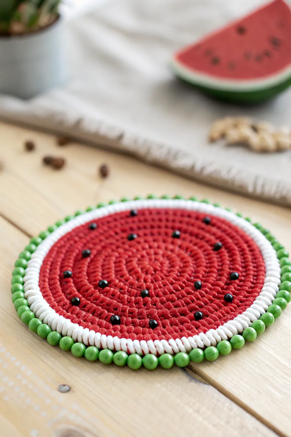 Add a splash of summer to your table with these charming beaded watermelon coasters.