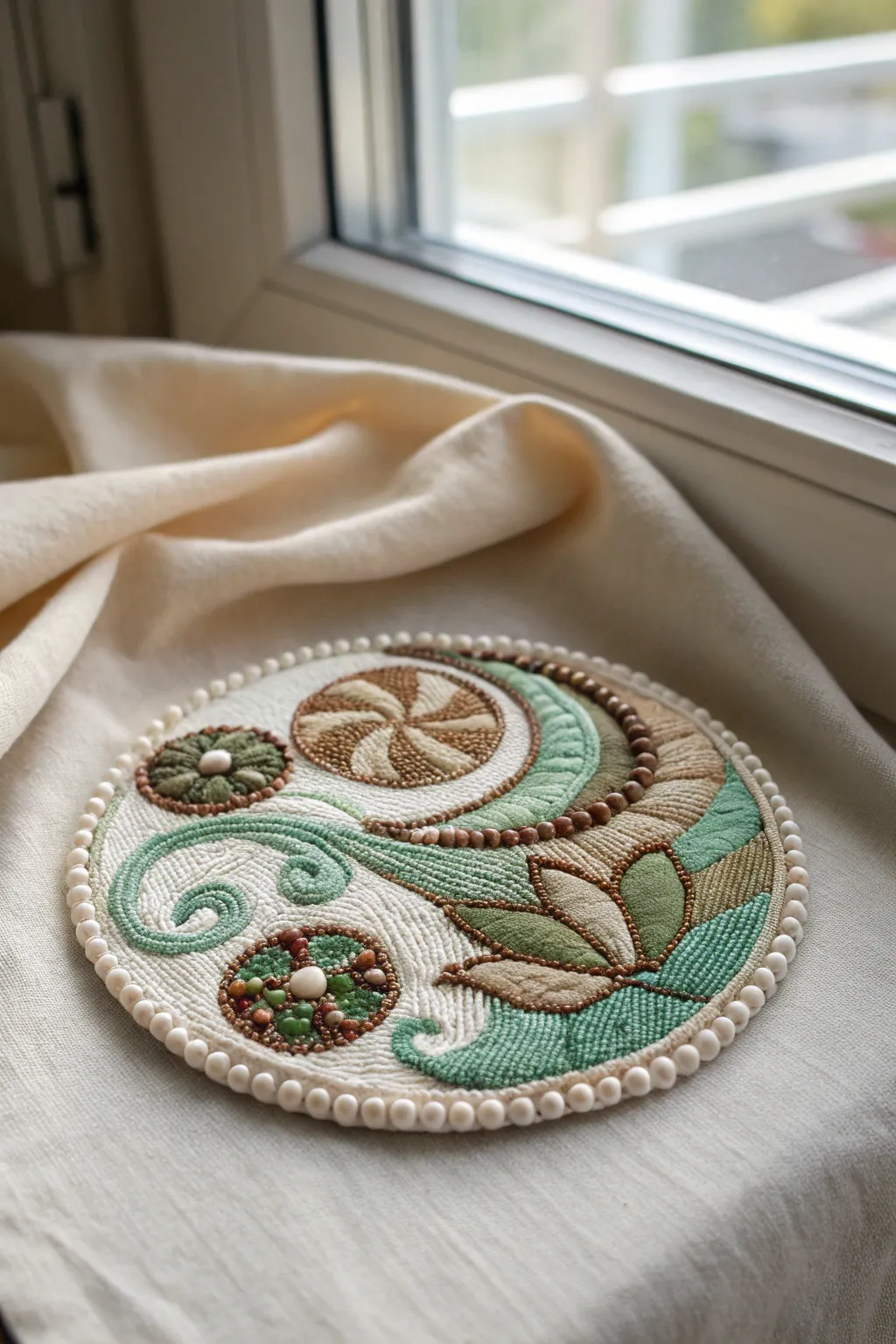 Embrace the elegance of nature with this beautifully crafted beaded medallion, where organic shapes come to life in perfect harmony.