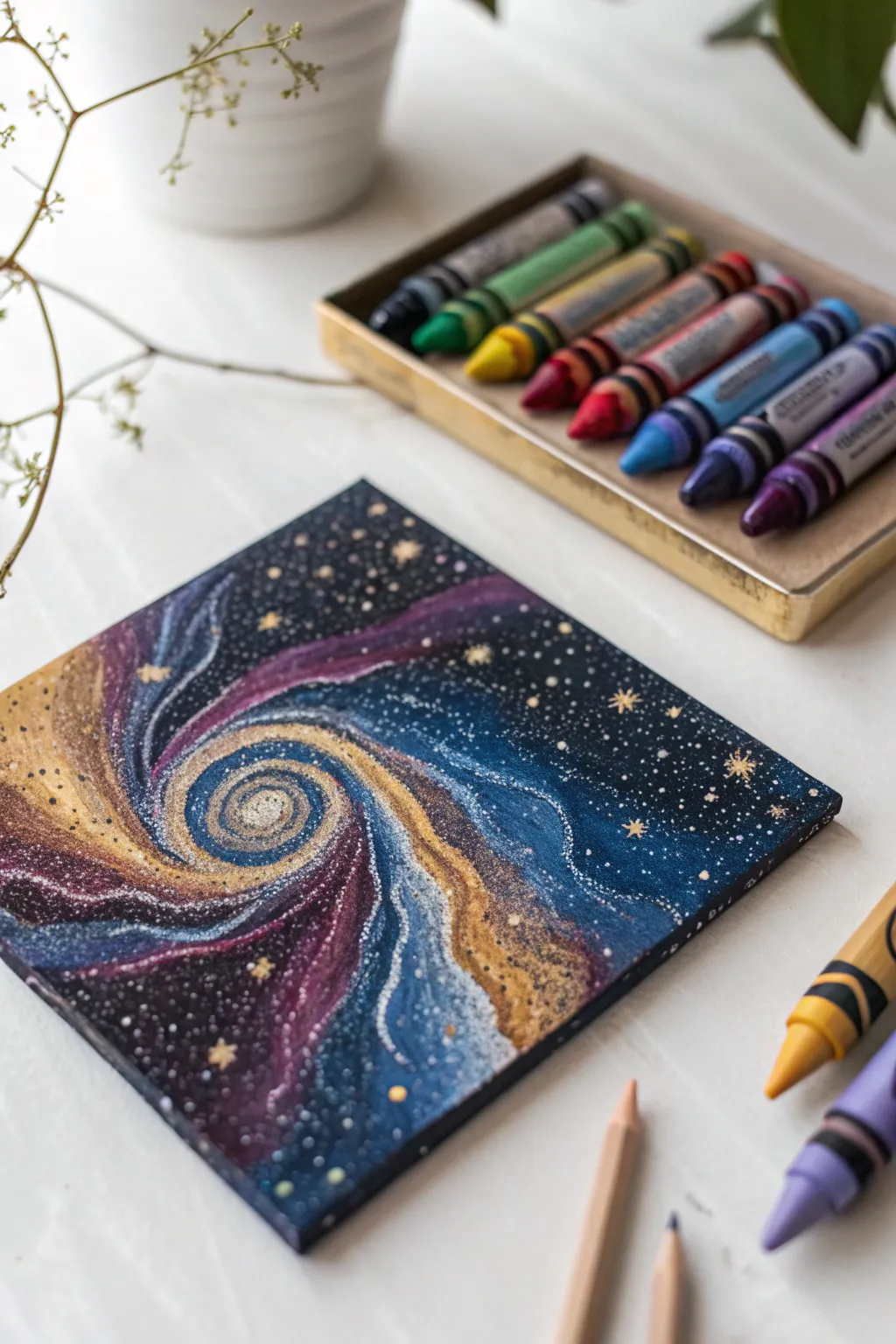 Unleash the cosmos with this stunning crayon galaxy art.