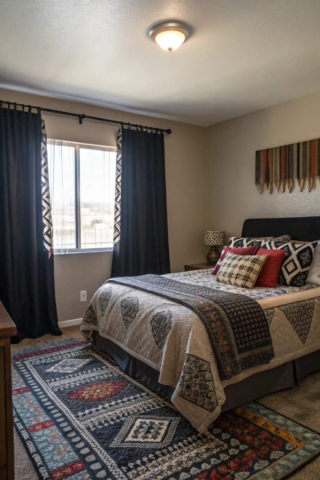 Patterned elements adding visual interest to a bedroom with black curtains.
