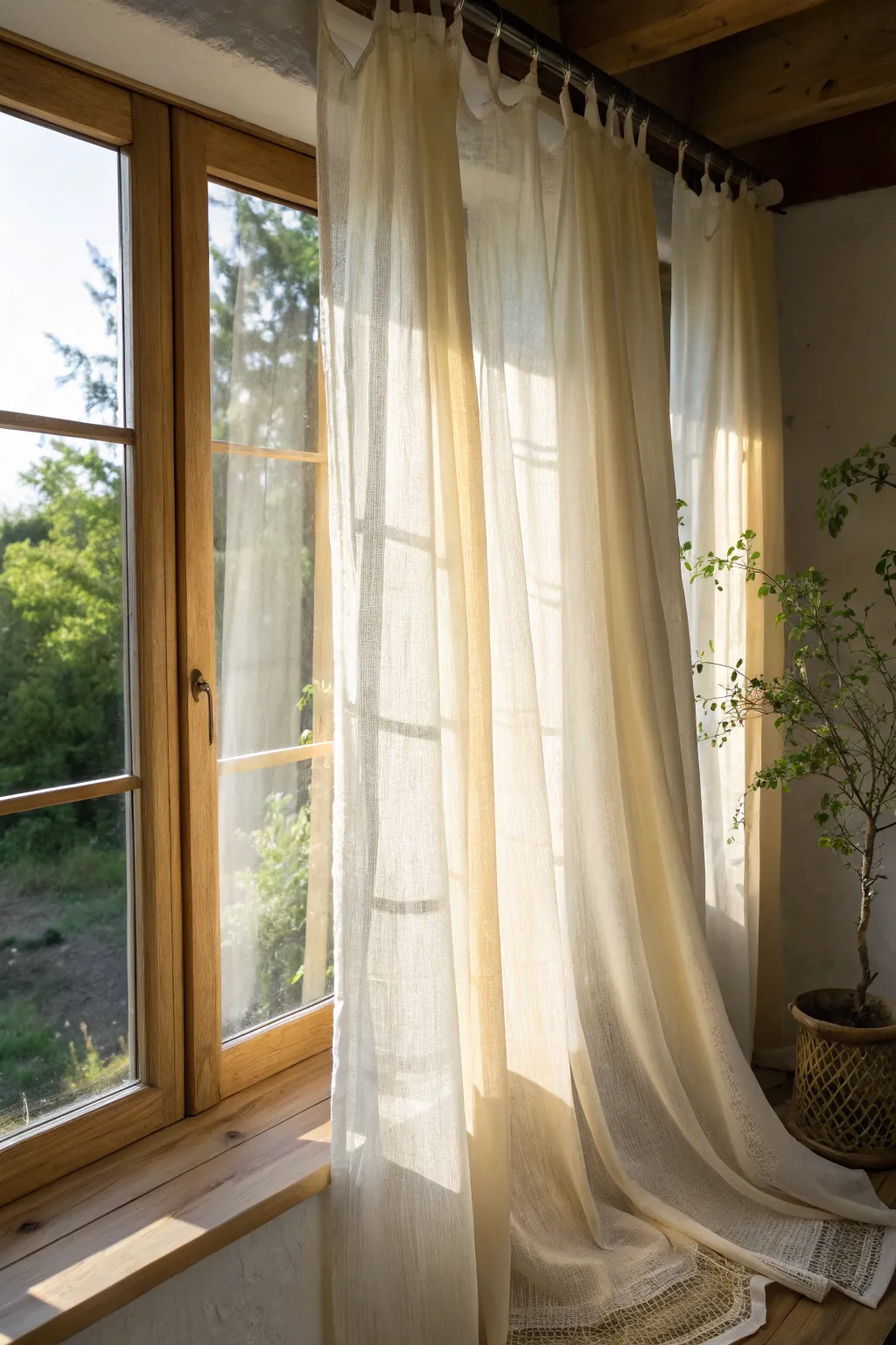 Bathe your space in warmth with beautifully crafted sheer curtains. #ScandinavianSimplicity #BohoTouch