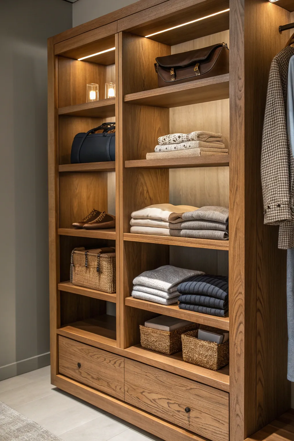 Elevate your closet organization with a handcrafted two-story shelf that combines functionality with fine craftsmanship.