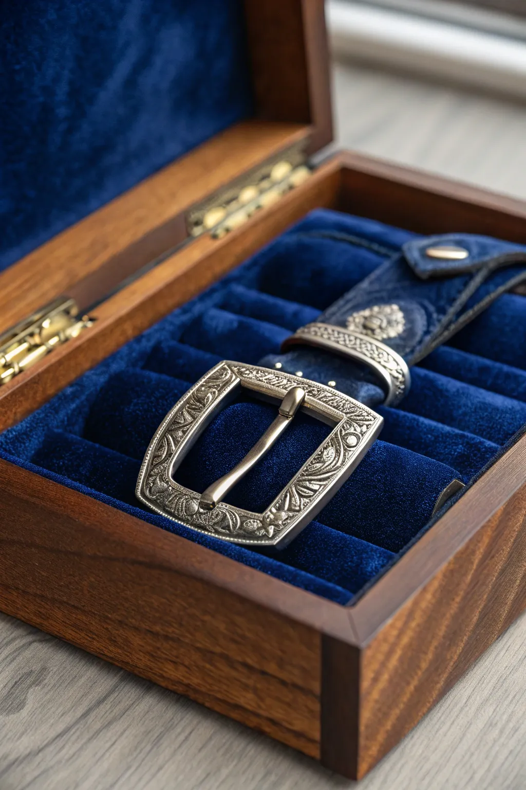 Elevate your buckle collection with the elegance of velvet-lined craftsmanship.
