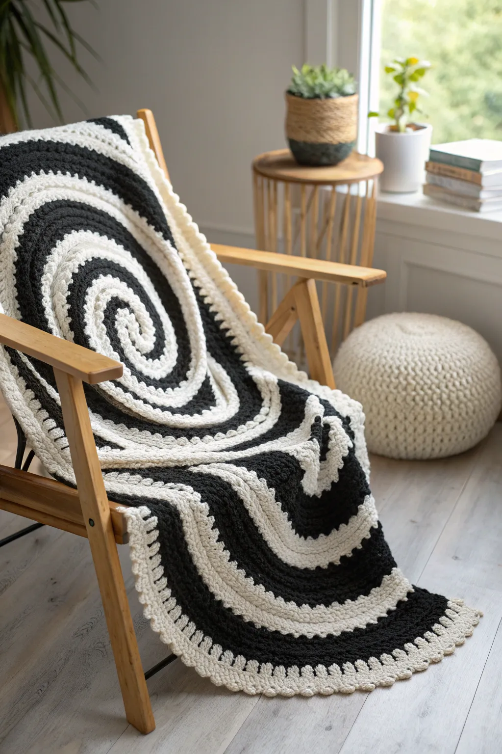 Captivating contrasts: This spiral baby blanket in black and white is a stunning blend of minimalist design and bohemian charm.