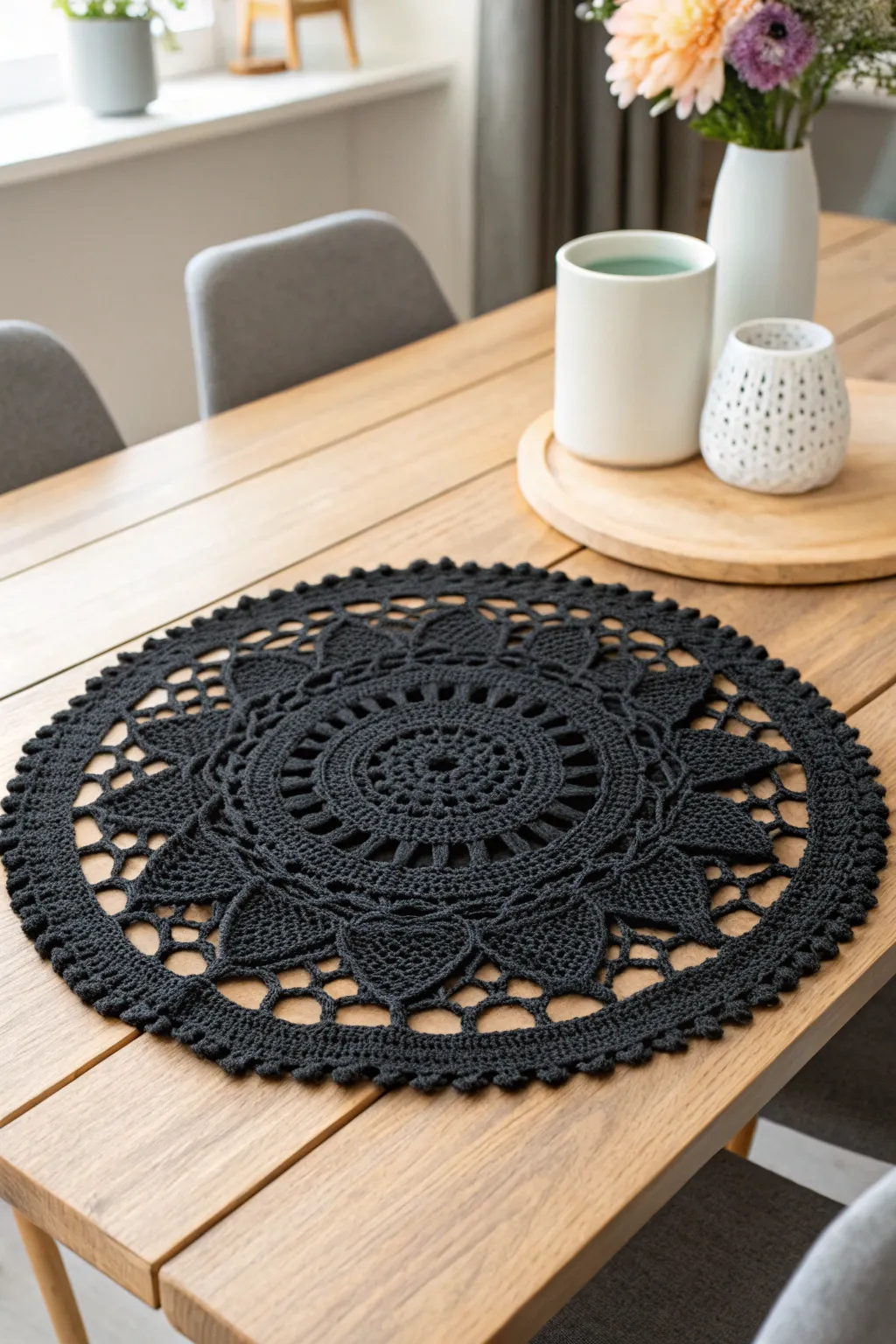 Add a touch of elegance and protection with these stunning black crochet table mats.
