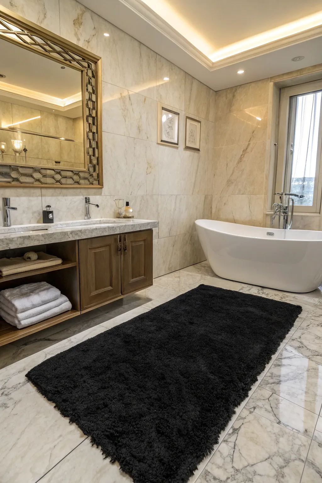 A black rug in the bathroom adds a touch of luxury and unexpected elegance.