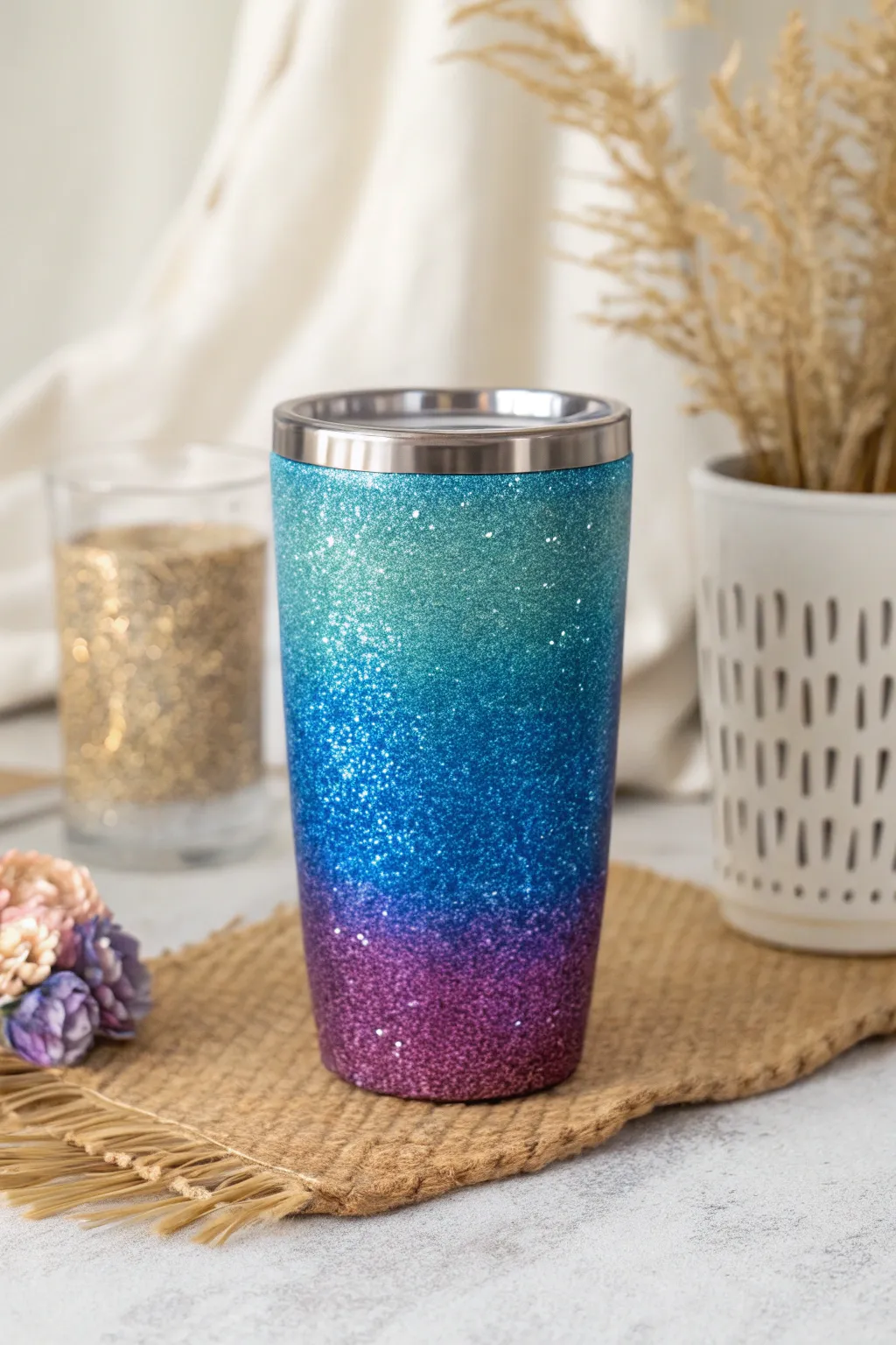 Carry a piece of happiness with the Rainbow Delight tumbler – where blue glitter meets a spectrum of joy!