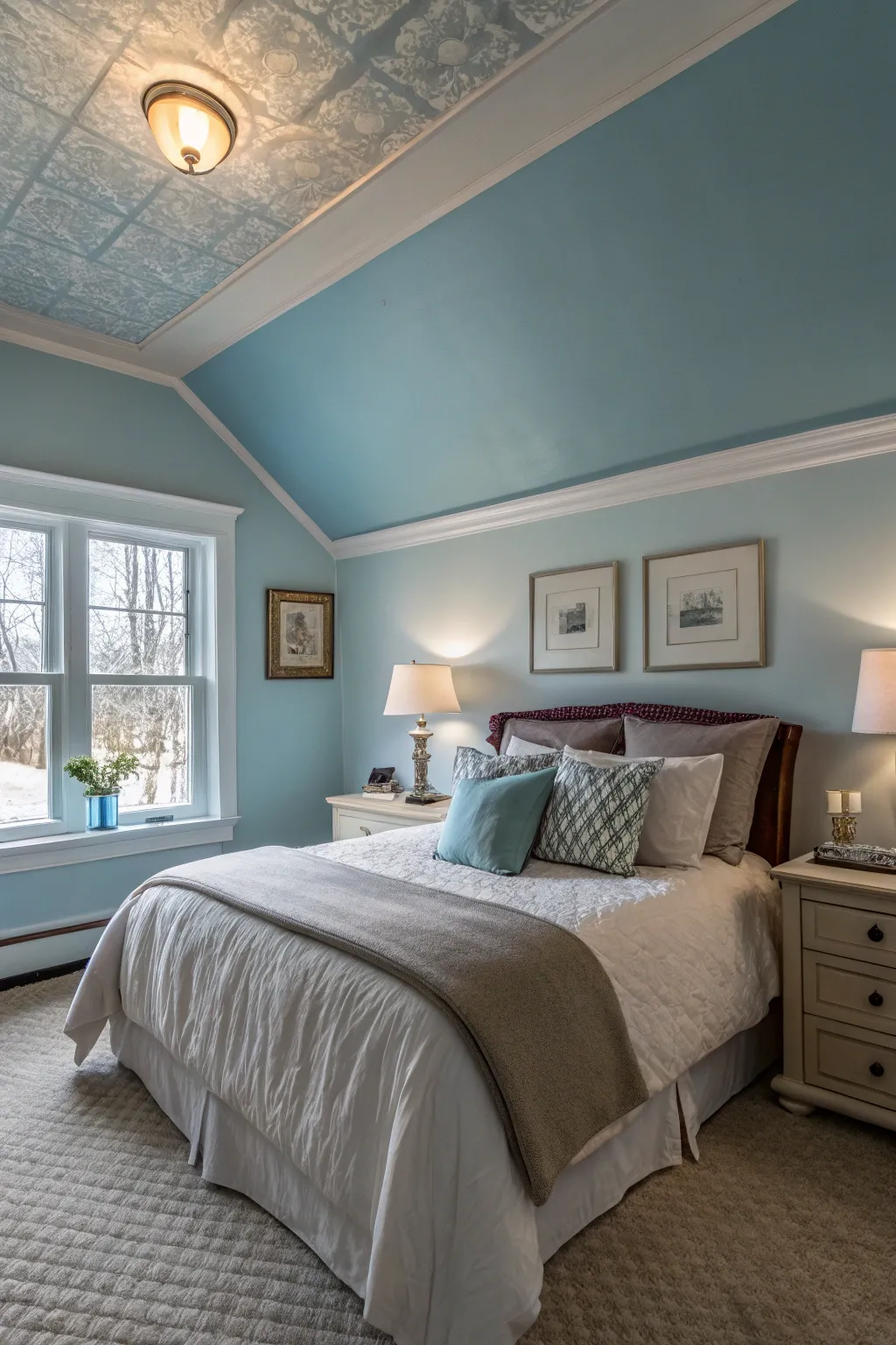 A soft blue ceiling bringing a calming sky-like effect.