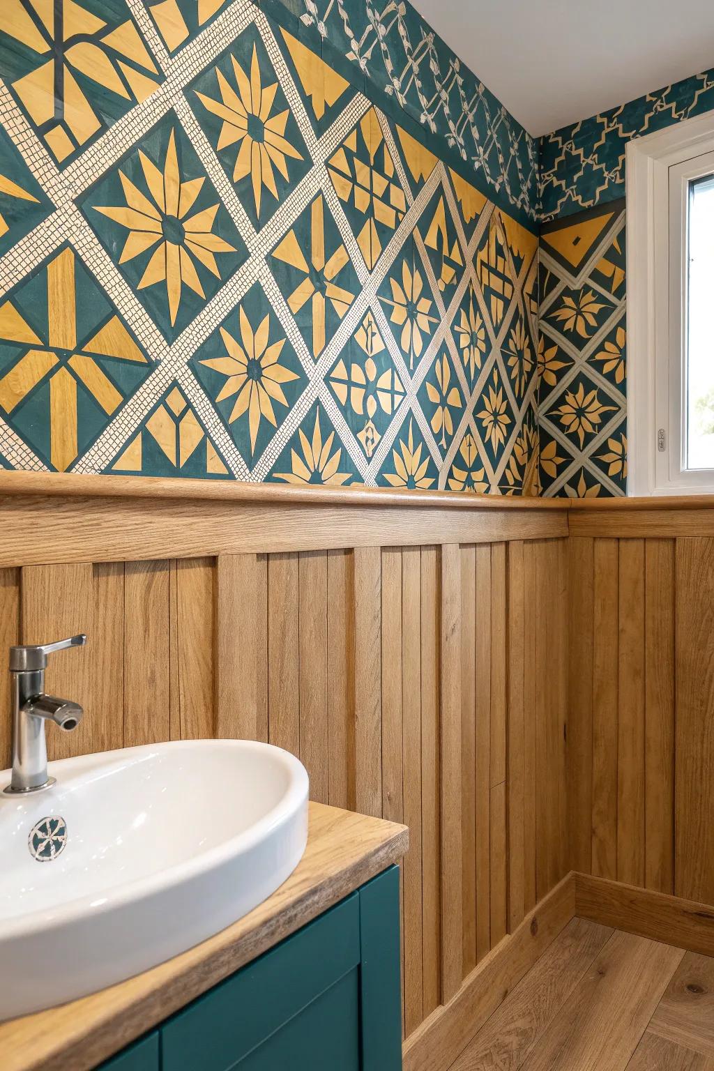 Elevate your bathroom design with bold geometric patterns for a modern twist on classic board and batten.