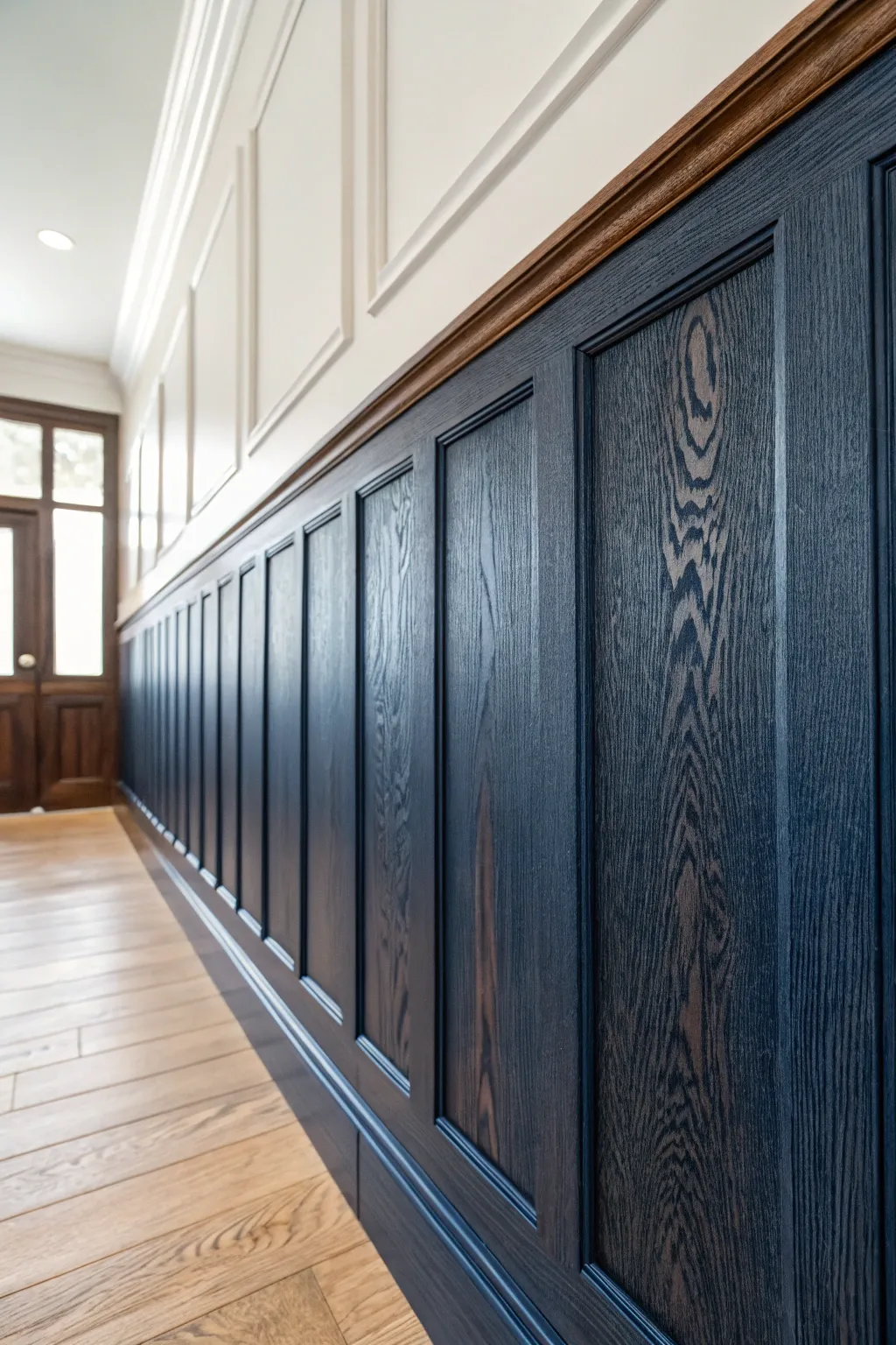 Elevate your space with the bold contrast of navy battens on a white wall, where craftsmanship meets style.