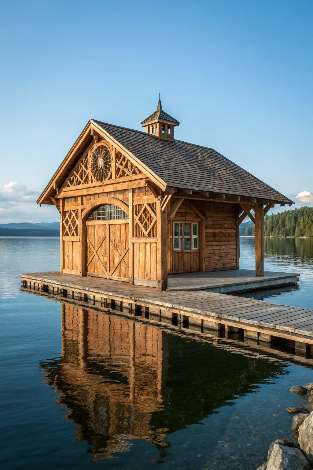 Embrace the allure of craftsmanship with a floating dock shed for your waterside retreat.