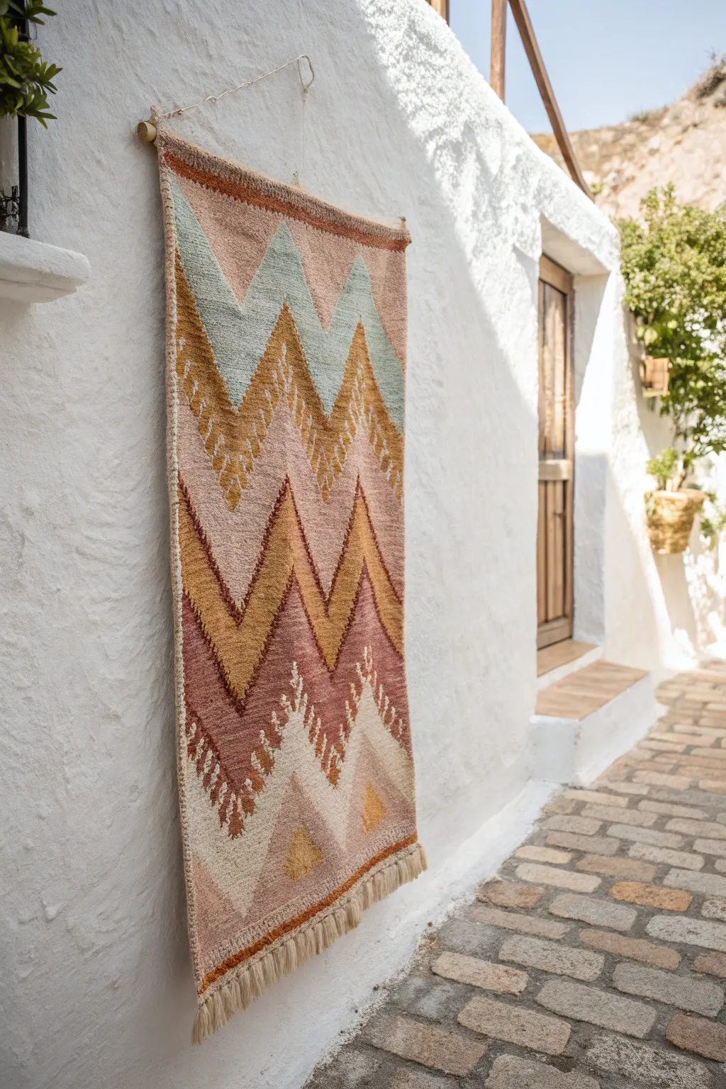 Transform your space with a touch of boho elegance: a colorful rug as striking wall art.